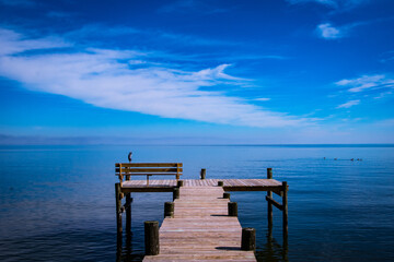 Blue sky and wooden fishing pier, Chesapeake Bay 