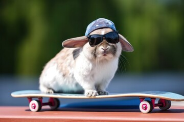 Funny Rabbit With Sunglasses and Hat Skateboarding