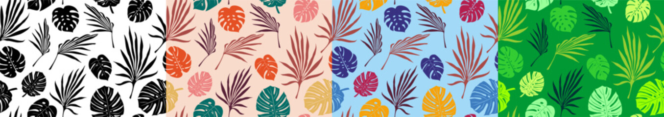 Tropical flowers, palm leaves, jungle, hibiscus. Vector exotic floral illustration. Hawaiian bouquet. Set of abstract tropical leaves. Monstera background. Seamless tropical background