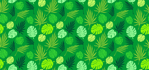 Tropical flowers, palm leaves, jungle, hibiscus. Vector exotic floral illustration. Hawaiian bouquet. Set of abstract tropical leaves. Monstera background. Seamless tropical background