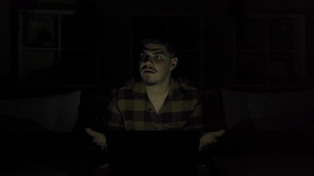 Power cut. House.
While the young man was working on a laptop at home, suddenly the electricity was cut off and he continued his work with a confused expression.
