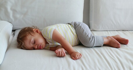 Cute baby sleeping slouched on sofa. Adorable infant boy toddler napping