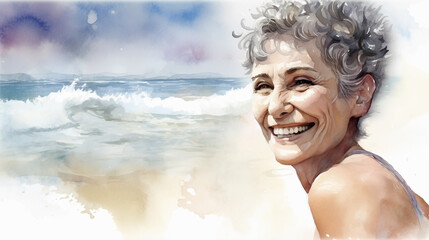 Watercolor illustration of mature caucasian woman with short curly pixie hairstyle wearing bikini standing on ocean beach enjoying sun and water. Holiday, selfcare and health concept. Generative AI - 586986353