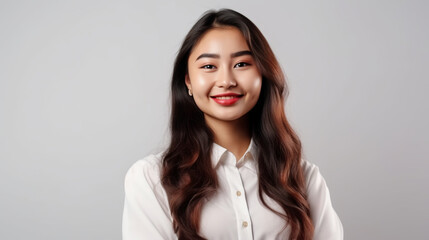 Obraz premium Portrait of smiling young asian woman with crossed hands and red scarf on a white background. Generative AI