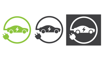 Electric car with plug green icon symbol.