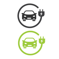 Electric car with plug green icon symbol.