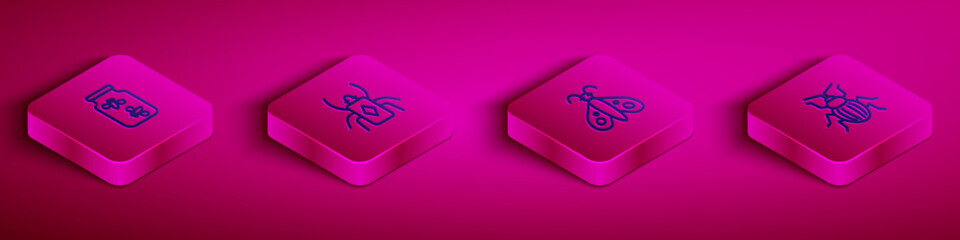 Set Isometric line Fireflies bugs in a jar, Beetle, Butterfly and Chafer beetle icon. Vector