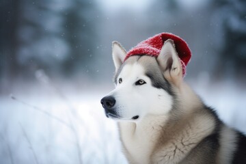 Playful Dog in Winter Wonderland Wearing Festive Hat