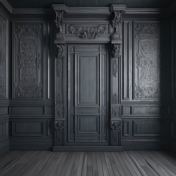 Interior dark wall with wooden molds  and wooden  carving.    Old classic Victorian interior style. Generative ai