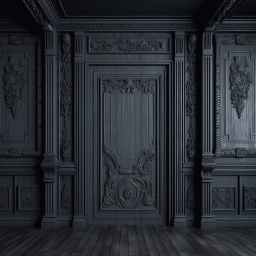Interior dark wall with wooden molds  and wooden  carving.    Old classic Victorian interior style. Generative ai