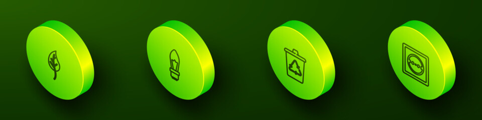 Set Isometric line Leaf or leaves, Light bulb, Recycle bin with recycle and Electrical outlet icon. Vector