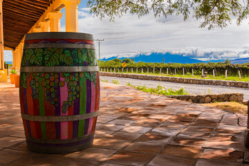 Vineyard and painted wooden barrel along the wine route in Cafayate, Argentina.