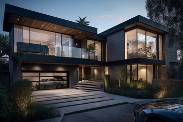Luxury Modern Home with Large Windows and Contemporary Design, Generative AI