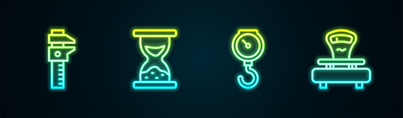 Set line Calliper or caliper and scale, Old hourglass with sand, Hand spring mechanical and Scales. Glowing neon icon. Vector