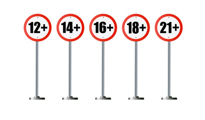 Age limit sign set. Adults content only age restriction.Censure warning age plus. Vector .