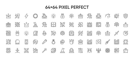 Fairytale & Fantasy Related Vector Line Icons. Contains such Icon as Dragon, Magic Stuff, Fireball, Golden Coins and more. 64x64 Pixel Perfect.