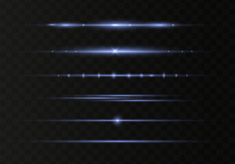 Set of blue horizontal lens flares pack. Abstract light flares, laser beams, sparkling lined, horizontal light rays. Vector illustration.