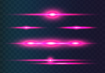 Set of purpur horizontal lens flares pack. Abstract light flares, laser beams, sparkling lined, horizontal light rays. Vector illustration.