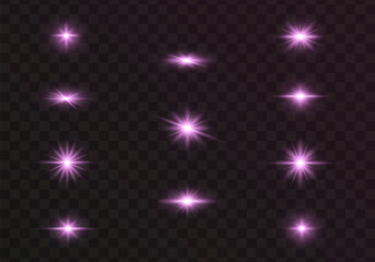 Set of glowing light stars with sparkles. Transparent shining sun, star explodes and bright flash. Purpur bright illustration starburst.