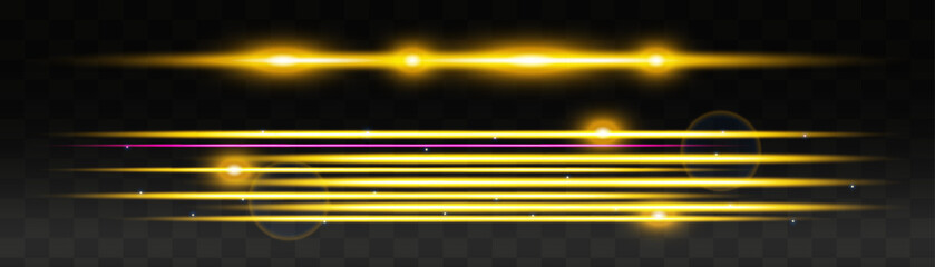 Set of yellow horizontal lens flares pack. Abstract light flares, laser beams, sparkling lined, horizontal light rays. Vector illustration.