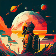 Space, science fiction, future. Vector illustrations of astronaut, galaxy, planet, moon, space objects for poster, background or cover