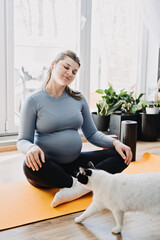 Mental health and wellbeing during pregnancy. Pregnant woman preparing to yoga and meditation exercise at home.