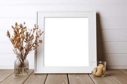 Empty picture frame up close. wood flooring Home and interior design from Scandinavia. artistic idea Imaginative scenario mockup. in front. dried flowers in a glass vase. Generative AI