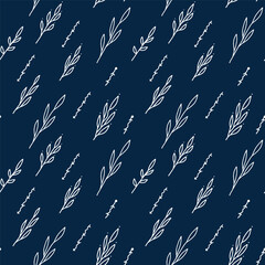 Seamless vector pattern on a dark blue background. Leaves scattered by the wind, twigs placed diagonally. 