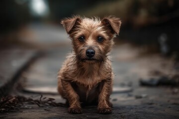 little brown dog on asphalt. Image of a shelter pet. Generative AI