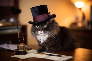 Cat in Top Hat on Desk