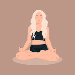  Young woman is doing yoga exercises, practicing meditation and in the lotus position on the mat. Female character practicing yoga and meditation.Trendy flat vector in beige and warm colors.