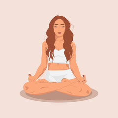  Young woman is doing yoga exercises, practicing meditation and in the lotus position on the mat. Female character practicing yoga and meditation.Trendy flat vector in beige and warm colors.
