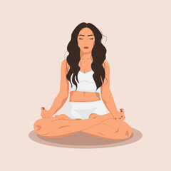  Young woman is doing yoga exercises, practicing meditation and in the lotus position on the mat. Female character practicing yoga and meditation.Trendy flat vector in beige and warm colors.