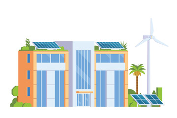Vector elements representing Green Powered Building. Eco Concept city illustration with a tree, solar panels, wind turbines and green spaces