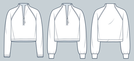 Raglan Sleeve Sweatshirt technical fashion illustration. Cropped Shirt fashion flat tehnical drawing template, zip-up, front and back view, white, women, men, unisex CAD mockup set.