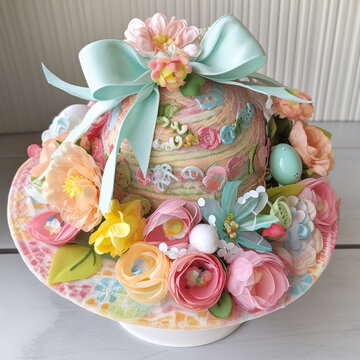 Elegant Easter Bonnet:  A Celebration of Floral-inspired Headpieces that Captivate the Essence of Easter - Springtime Ensemble or Headwear - Generative AI