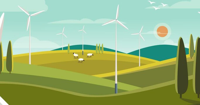 Spinning Wind Turbines in the green field 2d flat animation. Save the planet. Green and renewable energy concept.