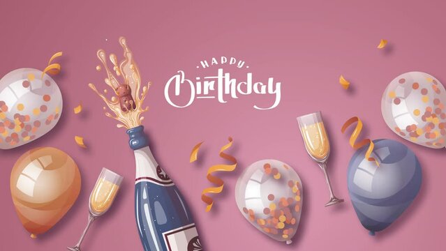 Birthday video card with Champagne, glasses, balloons and handwritten text. Birthday party, celebration, holiday, event, festive, congratulations concept. Animation video.