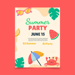 Flat summer party poster. Doodle style