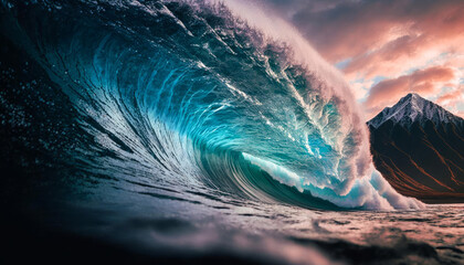 Big Wave breaking in the Ocean, winter, generative ai