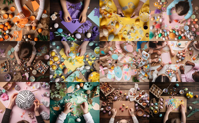 Easter all around the World, kids making artcraft with eggs, chocolat, candies, easter bunny paper and colored rabbit. Top view, composition collage.