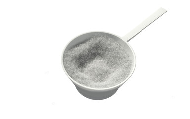 Sport food supplement powder 3d render on trasparent background. Supplement, creatine, hmb, bcaa, amino acid or vitamine in a white scoop. Sport nutrition healthy life concept