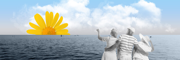 Man and two women on sea travelling, boy looking at sea and sky with clouds and flower. Banner. Contemporary art collage. Concept of surrealism, travelling, imagination, travelling