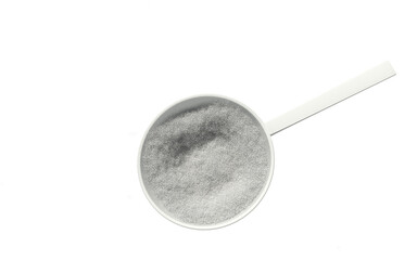 Sport food supplement powder 3d render on trasparent background. Supplement, creatine, hmb, bcaa, amino acid or vitamine in a white scoop. Sport nutrition healthy life concept