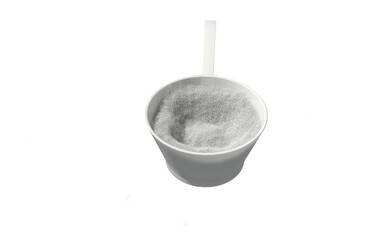 Sport food supplement powder 3d render on trasparent background. Supplement, creatine, hmb, bcaa, amino acid or vitamine in a white scoop. Sport nutrition healthy life concept