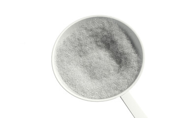 Sport food supplement powder 3d render on trasparent background. Supplement, creatine, hmb, bcaa, amino acid or vitamine in a white scoop. Sport nutrition healthy life concept