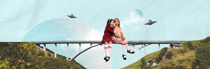 Beautiful little girls sitting on bridge and whispering secrets over flying UFOs. Childhood dreams and fantasy. Contemporary art collage. Concept of surrealism, travelling, imagination, retro