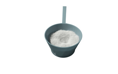 Sport food supplement powder 3d render on trasparent background. Supplement, creatine, hmb, bcaa, amino acid or vitamine in a white scoop. Sport nutrition healthy life concept