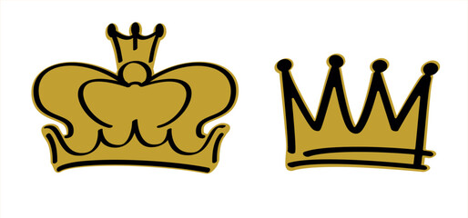 Cartoon golden sketch crown. Graffiti crown icon, Queen or king crowns. Royal imperial coronation symbols, monarch majestic jewel tiara icons. Prins en prinses, diadems or diamond gold crowns © MarkRademaker