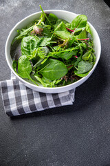 green salad leaves mix mix micro green, healthy snack food on the table copy space food background rustic top view